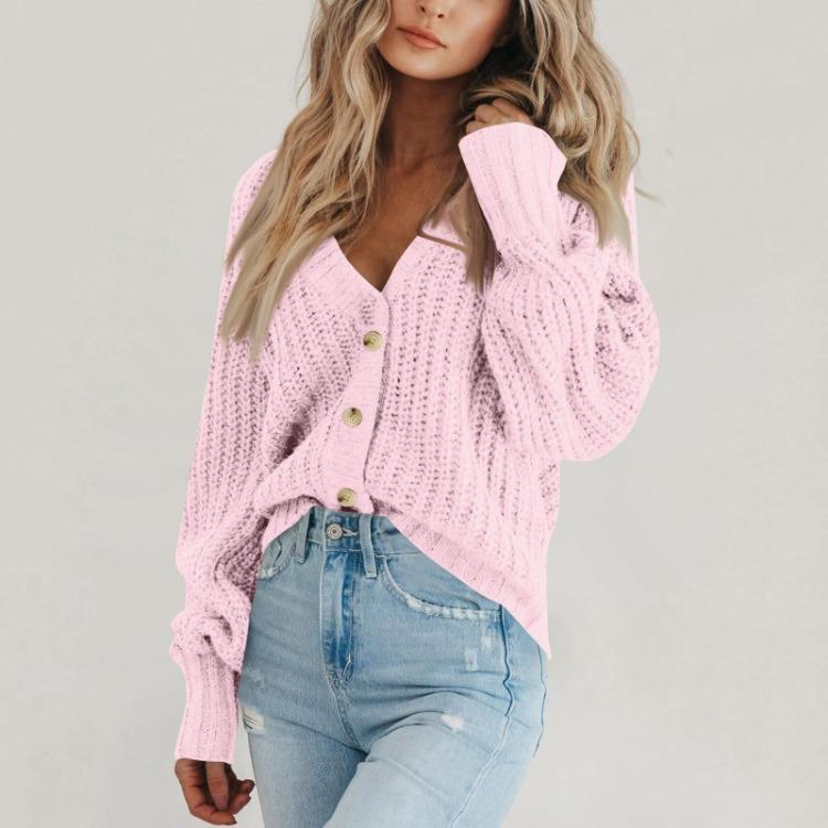Loose V Neck Button Down Cardigan Women Solid Knitted Long Sleeve