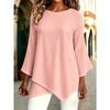 Women's fashionable printed round-neck T-shirt, with asymmetrical cross-over hem design, machine washable