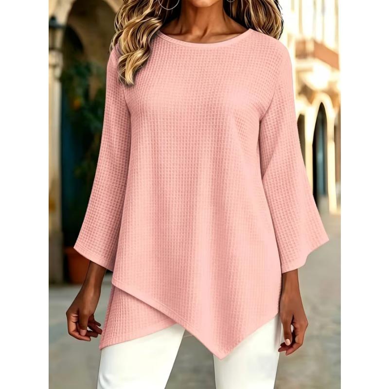 Women's fashionable printed round-neck T-shirt, with asymmetrical cross-over hem design, machine washable