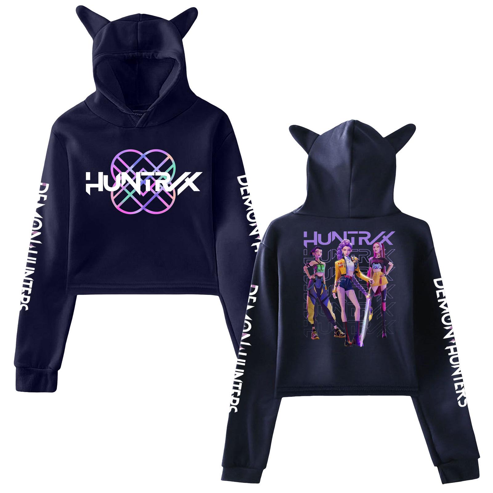 KPop Demon Hunters Cat Ears Cropped Hoodie Long Sleeve Mira Rumi Zoey Printing Sweatshirt Crop Top Women s Hoodies XS темно-синий