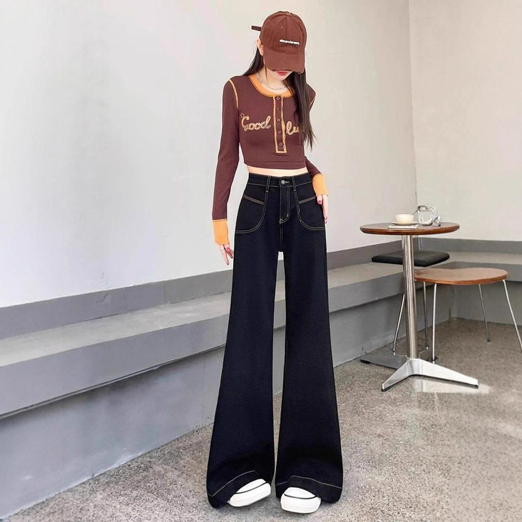 Retro Wide Leg High Waist Jeans Women Thin Loose Drape Not Stick Leg Micro Drag Ground Pants Retro Street Style Baggy Long Jeans for Ladies