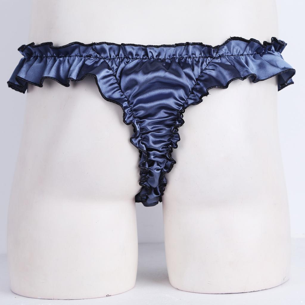 Mens Lingerie Soft Shiny Briefs Thong Panties Ruffled Frilly Sissy Bikini Briefs Thong Underwear Underpants