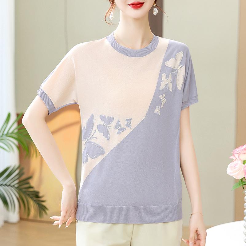 Summer Women's Knit Short-Sleeved Base Layer Top - Stylish for Young Moms & Middle-Aged Women