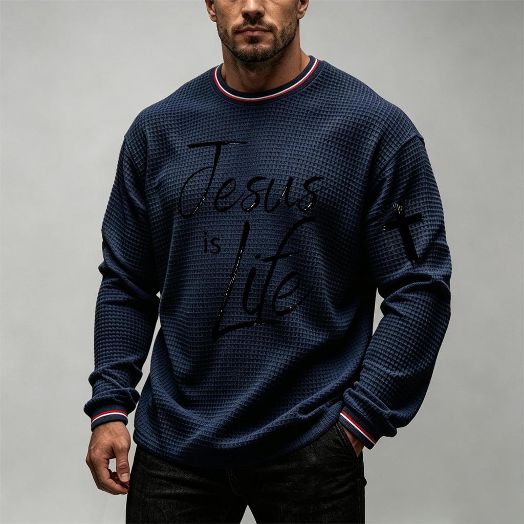 Men's Casual Graphic Knit Crewneck Long Sleeve Shirt for Everyday Wear