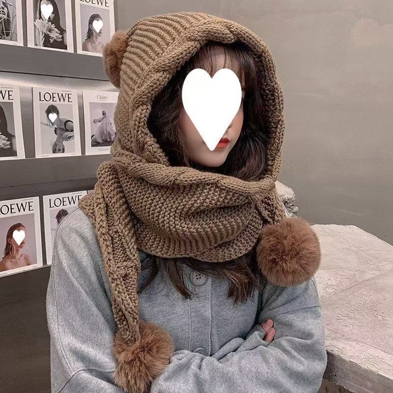 Wool hat women s versatile scarf integrated hat cute hairball ear protection thickened warm knitted hat