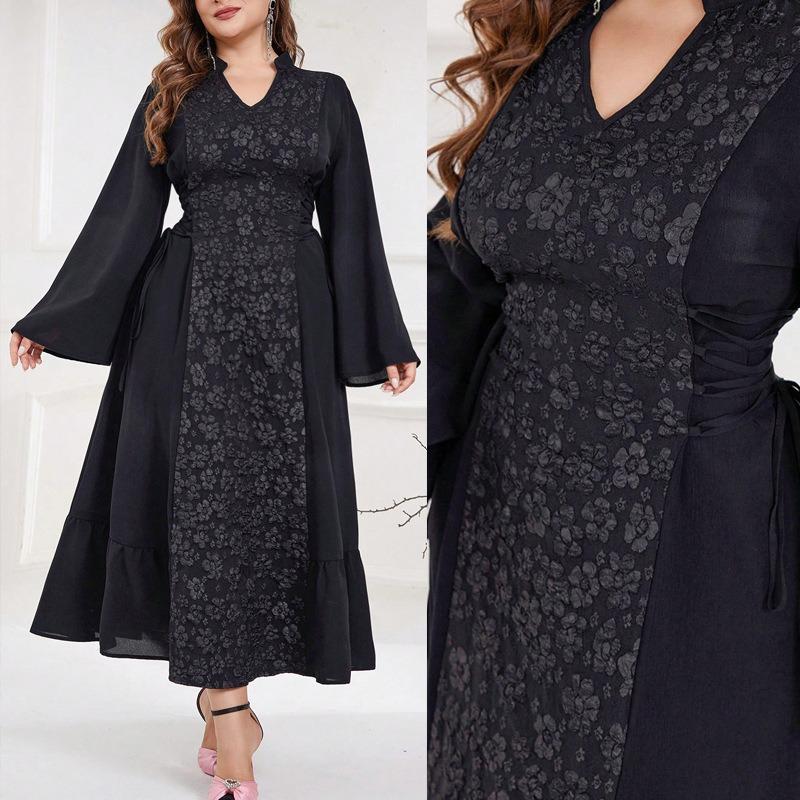 Plus Size Long Sleeve V Neck Waist Cinched Elegant Women A Line Jacquard Dress