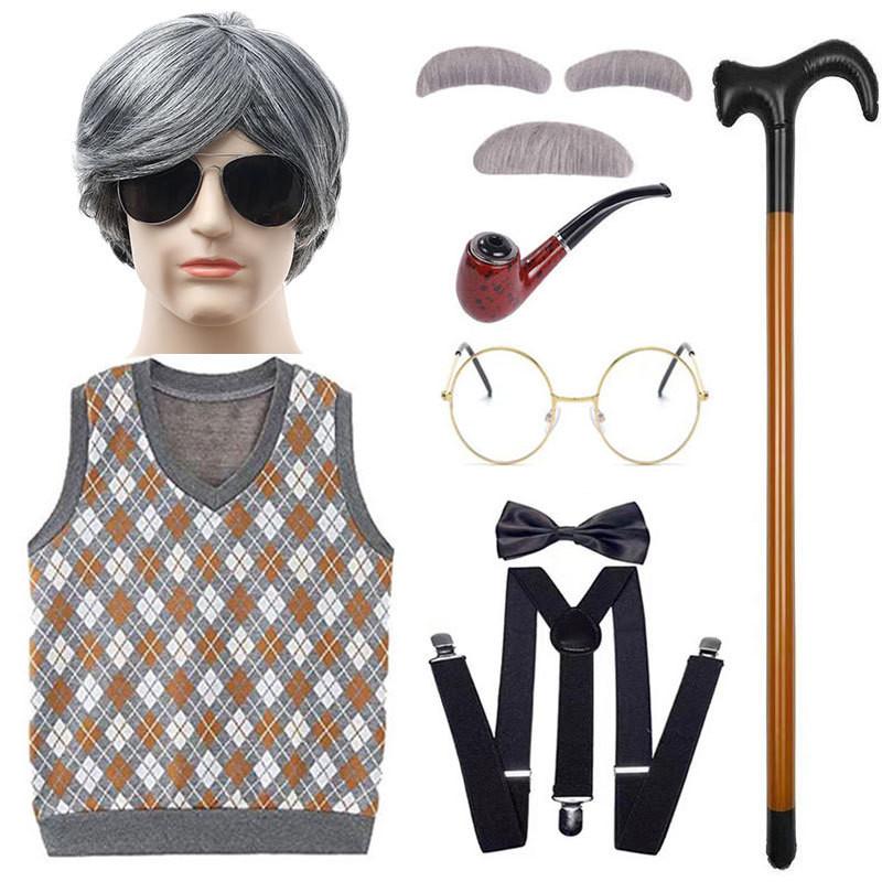 Classic Grandfather Costume Wig Set Featuring Short Soft Curly Hair And Stylish Vest For Kids