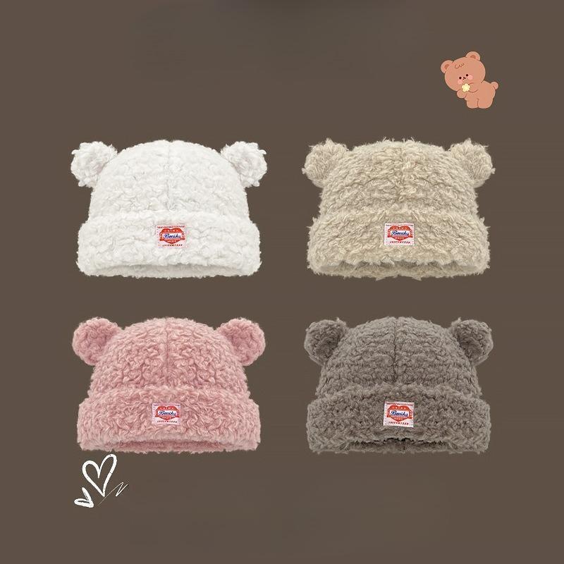 Korean Version of Cute Lamb Wool Bear Ear Label Pullover Hat for Women in Autumn and Winter Thickened Fashion Trend Versatile Basin Hat