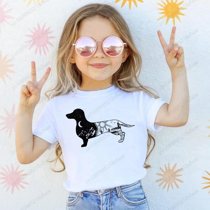 T-shirt with Dachshund Teckel dog print,fun t-shirts for babies,t-shirt for kids,white short-sleeve summer t-shirts for children