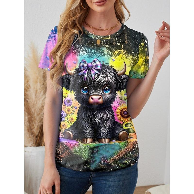 Women's T-Shirt Cow Head Pattern Printing Fashion Casual Blouse Oversized T-Shirt Summer Women's Clothing