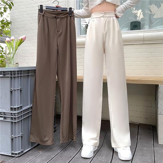 Women Suit Pants Button Zipper Fly High Waist Long Trousers Solid Color Straight Wide Leg Office Lady Pants
