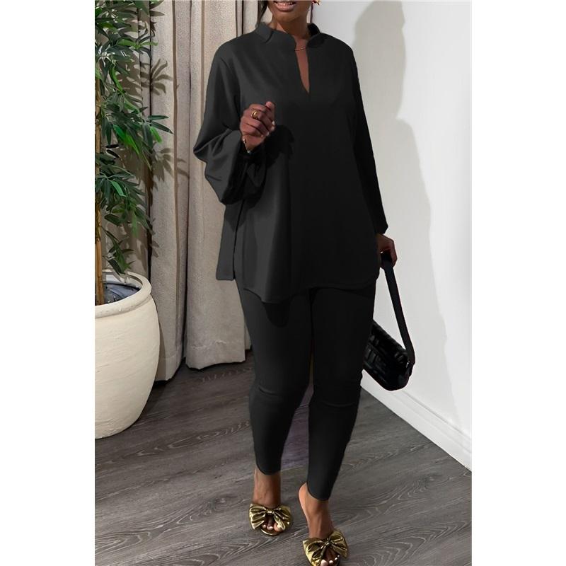 Women 2 Piece Outfit Stand Collar Long Sleeve Blouse + Skinny Pants Casual Suit