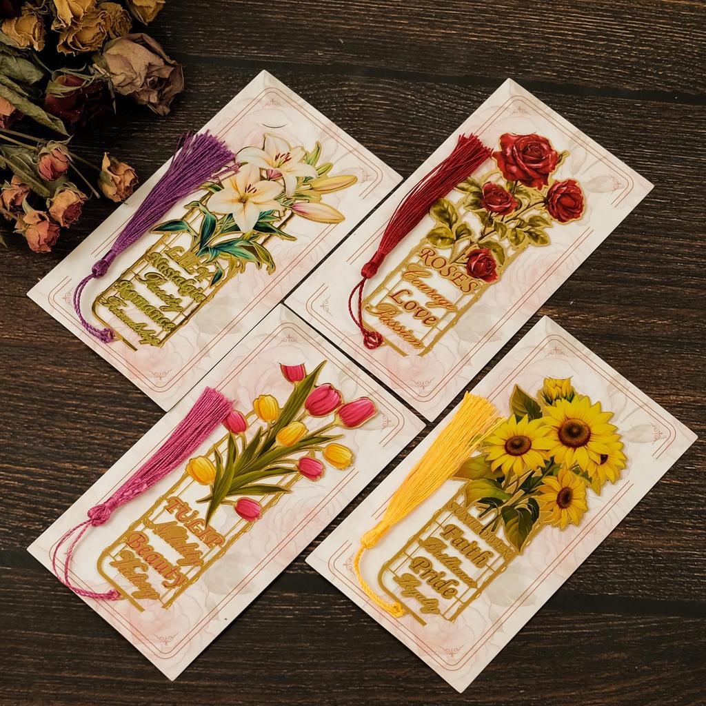 Elegant Floral Tassel Metal Bookmark: Rose, Sunflower, Tulip, Lily Design