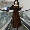 2026 Retro Color Block Corduroy Waist-Cinched Long-Sleeve Dress for Women - Plus Size Spring/Autumn Chic