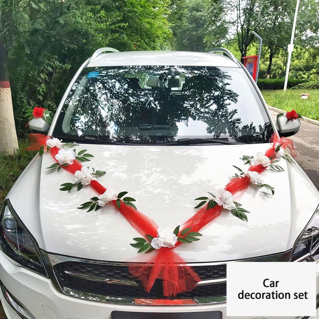 Wedding Car Front Artificial Flowers Ornament Decor Wreath Ribbons Rose Flower