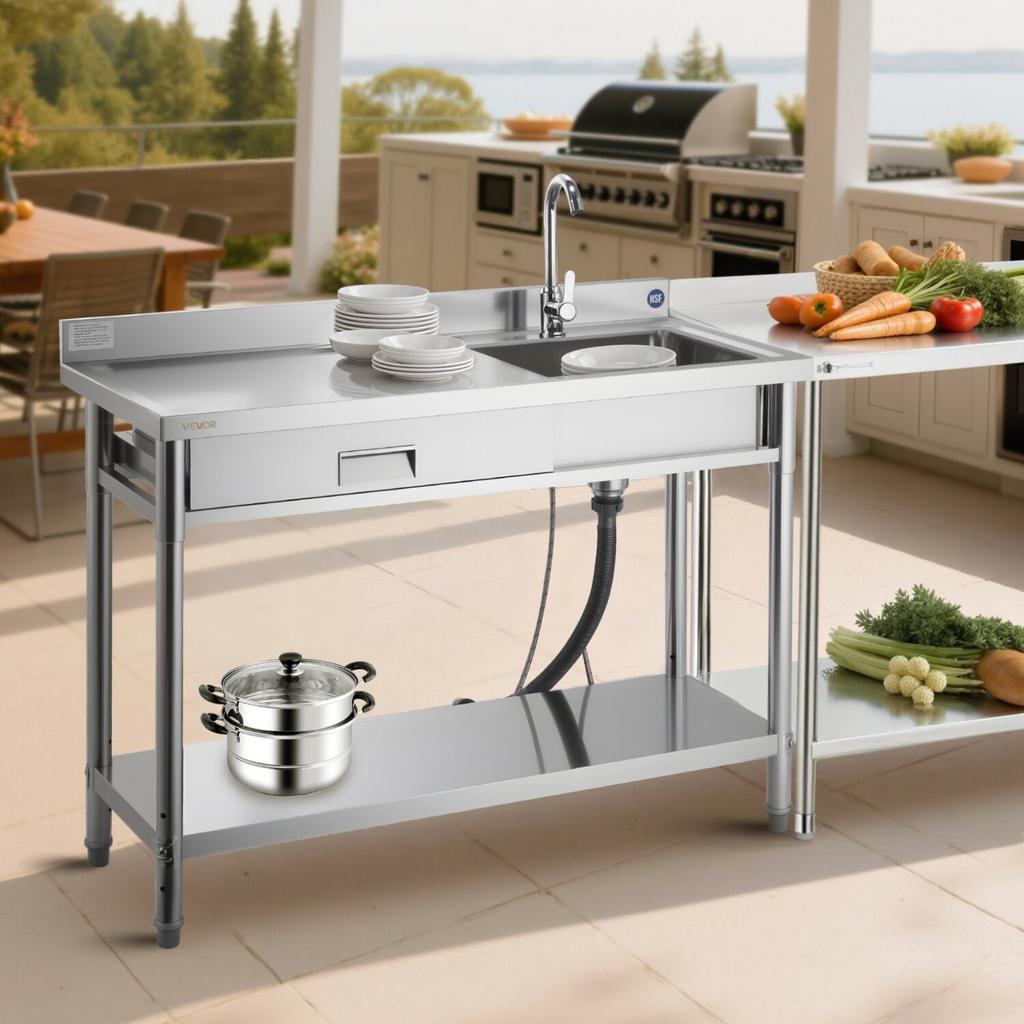 Stainless Steel Utility Sink, Rolling Single Bowl Commercial Kitchen Sink with Drawer, Faucet and Hot & Cold Water Pipe, Utility Basin for Garage,