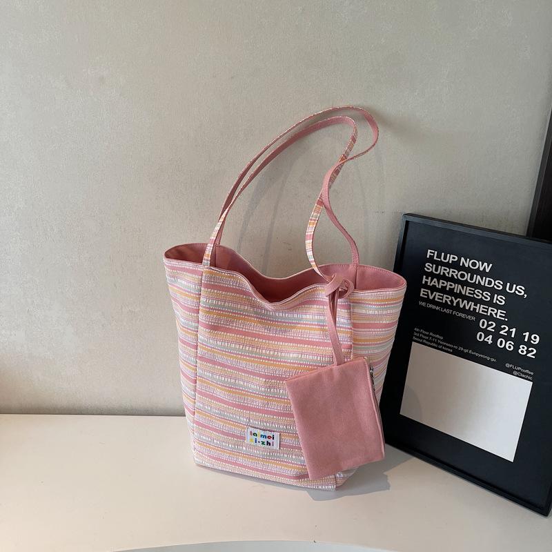 Korean version of casual large-capacity underarm bag women's 2025 new striped canvas bag double-sided back shoulder bucket bag