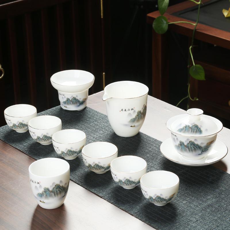 Ceramic suet jade porcelain kung fu tea set with gifts for home use