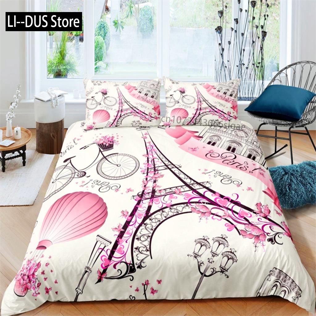 Duvet Cover Eiffel Tower Romantic Couple Flower King Comforter Cover Microfiber France Paris Cityscape Bedding Set For Teen
