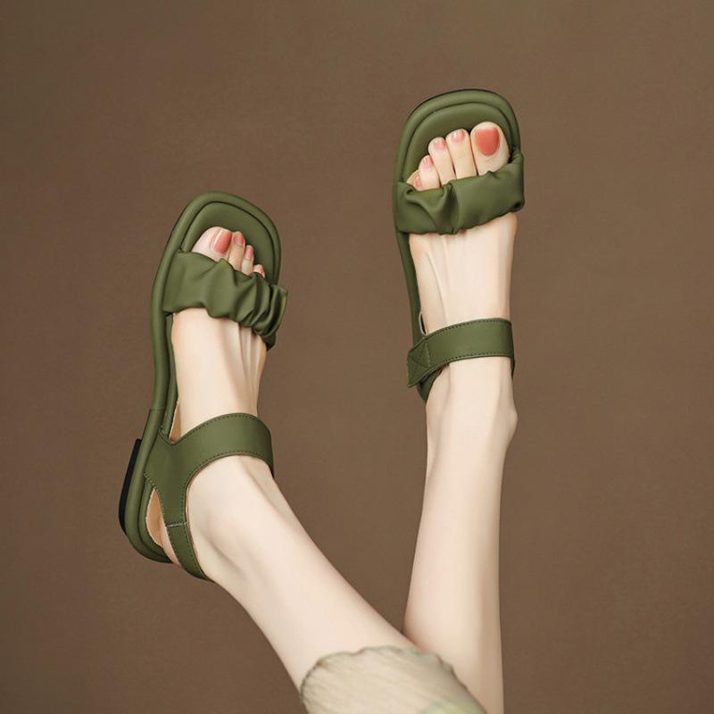 

Summer women s thick-soled flat-soled sandals Korean version back empty solid color women s wide-strip sandals new Velcro large-size shoes 39 зелёный
