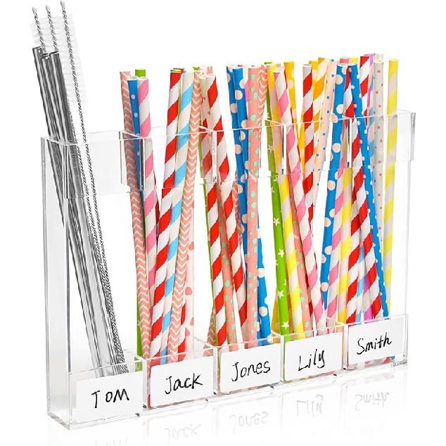 9.5" Acrylic Straw Holder for Cabinet Door, Straw Organizer for Cabinet Door with Double-Sided Tape, Stickers and Cleaning Brush, Reusable Storage