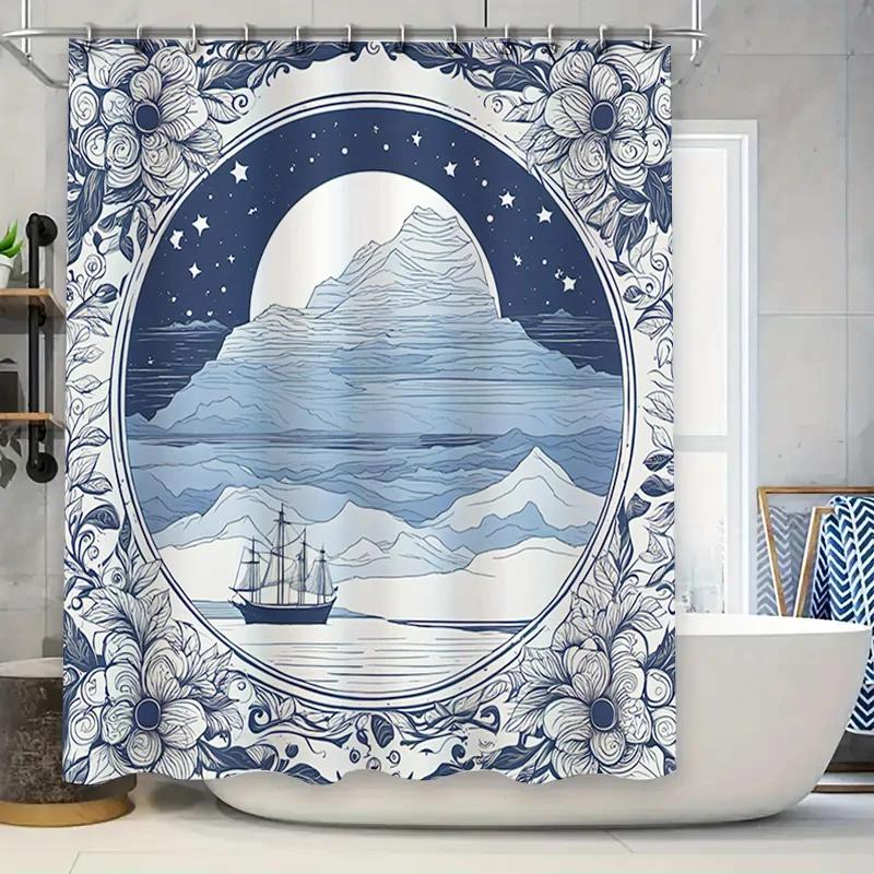 Elegant Navy Blue Moonlight Mountains Flower Bath Rug Shower Curtain Decorative Waterproof Bathroom Fabric Navy Blue Floral W90xH180cm
