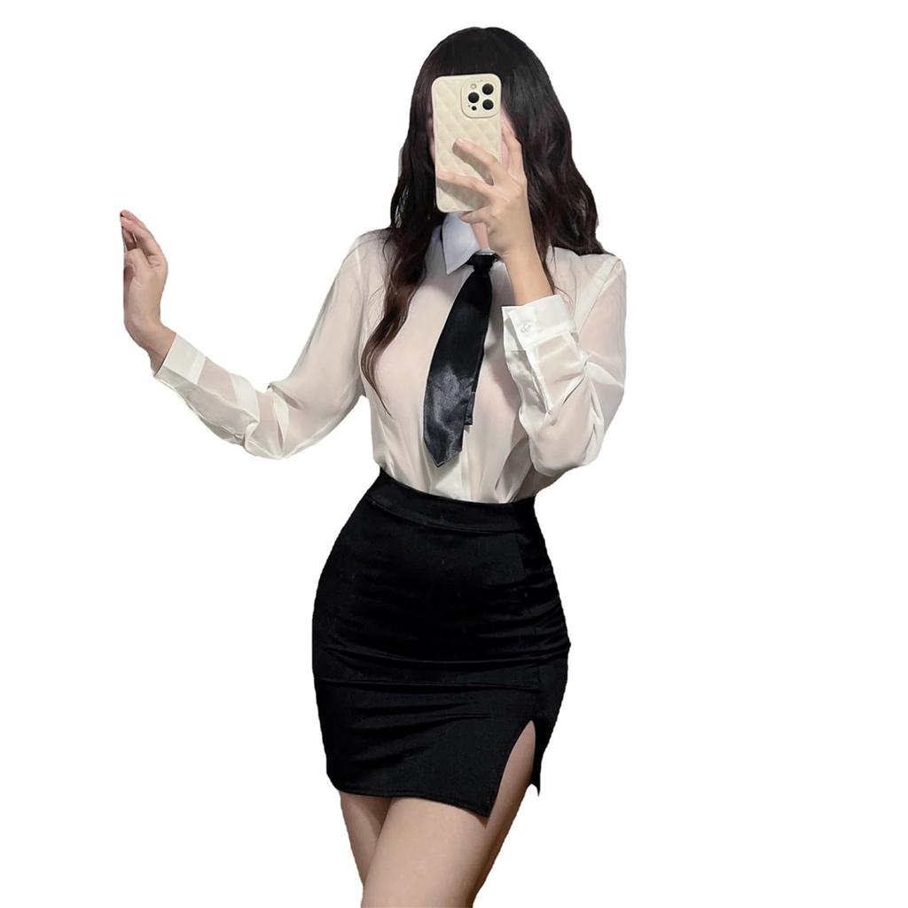 OL Secretary Cosplay Sexy Erotic Extreme Female Teacher Teacher Costume Suit Mini Skirt Ladies Temptation Costume 5 Piece Set [Sexyhot] See-Through