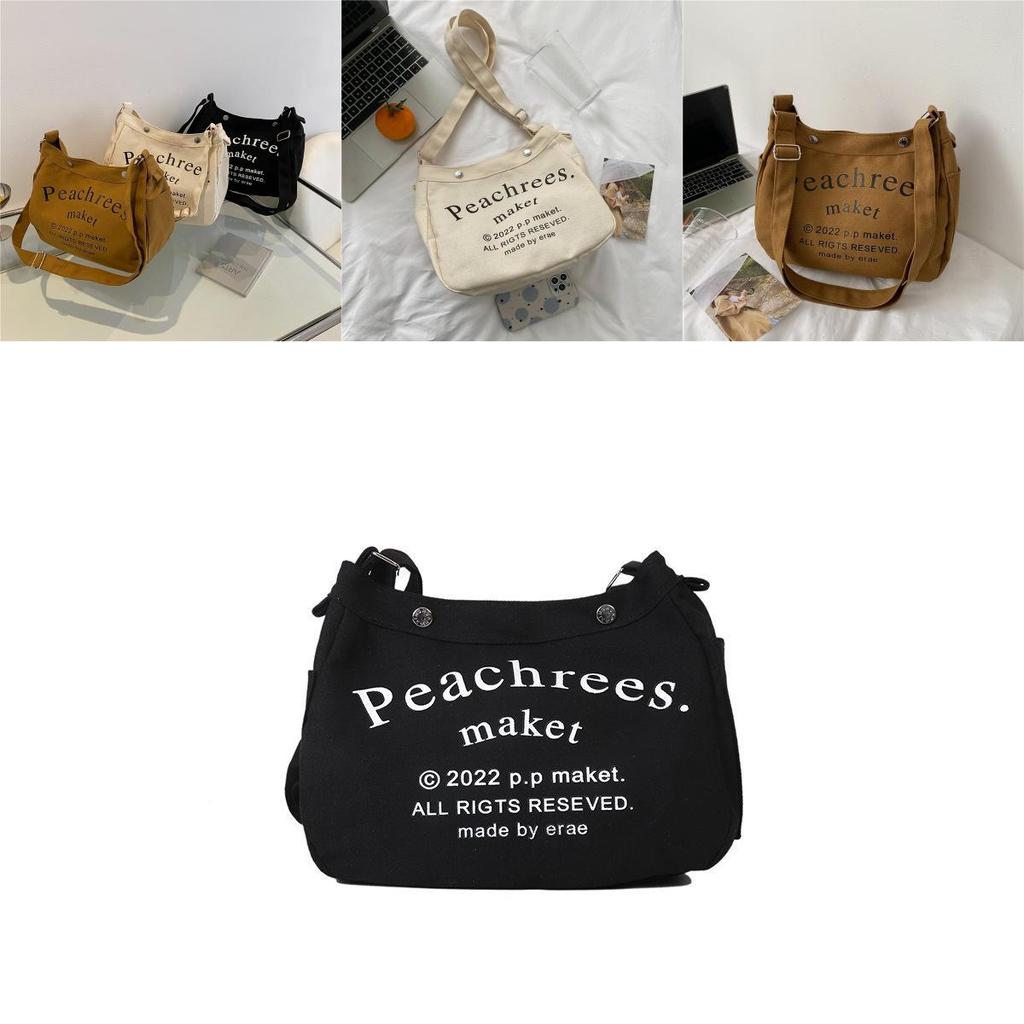 Stylish Korean Vintage Canvas Tote Bag For Women With Spacious Capacity And Trendy Lettering In Cream Brown Or Black