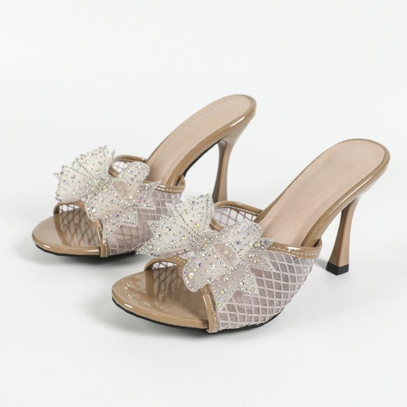 Fashion Summer Fashion Rhinestone Butterfly Knot Women Slippers Sandals Red Mesh Open Toe Mules High Heels Design Slides Shoes Zapatos