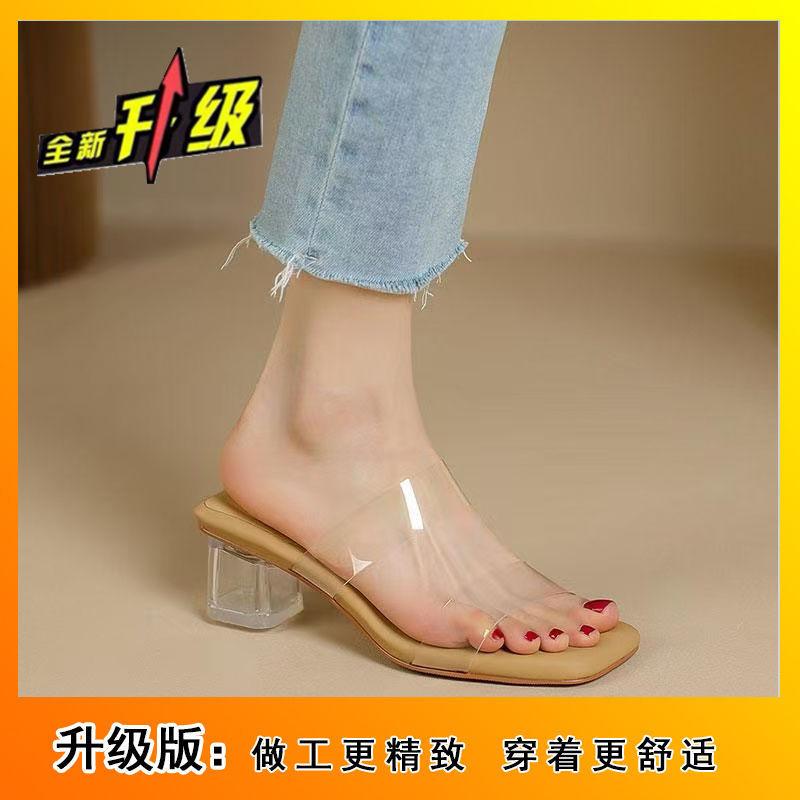 Transparent high-heeled thick-heeled women's cool slippers 2025 summer new crystal high-heeled shoes fairy style word with sandals