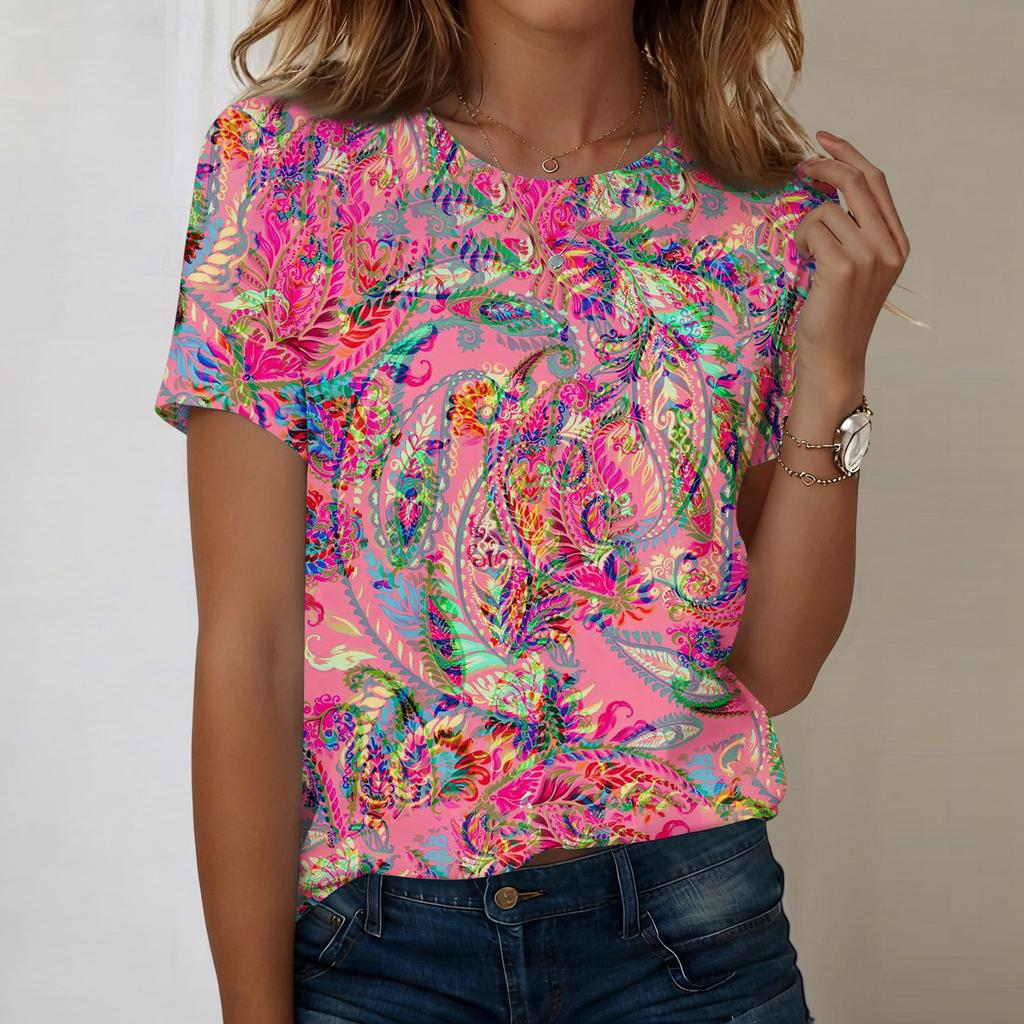 Women's Fashionable Casual Short-sleeved, Retro Printed Round-neck Top
