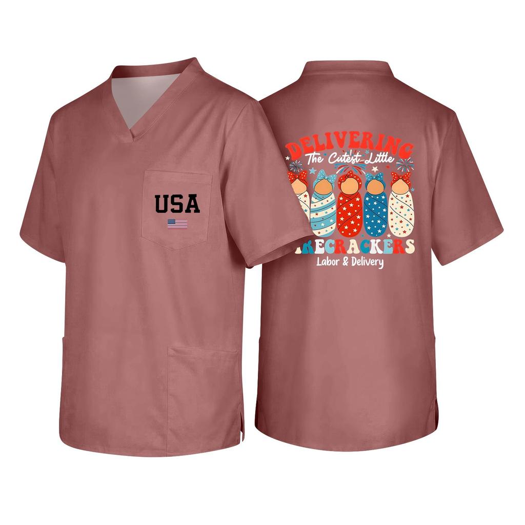 Men's Short Sleeve V Neck Work Shirt Nurse Uniform Top with Pocket USA Print Casual Fit Medical Scrub Tee for Healthcare Professionals