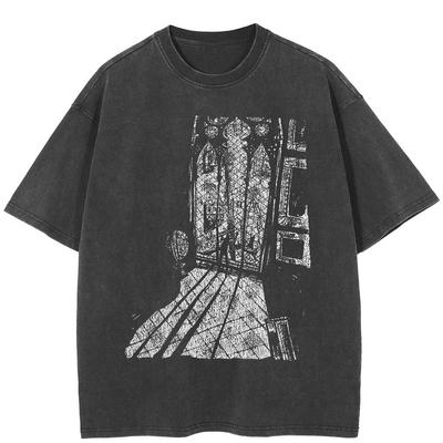Streetwear Μπλουζάκι με Γραφικό Κτιρίου Βαμβακερό Πλυμένο Μαύρο T-shirt Unisex Τοπ Μπλουζάκια Καλοκαιρινό Κοντομάνικο T-shirt