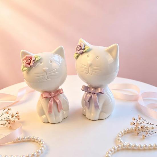 1/2Pcs Ceramic Bow Cat Figurine, Sitting Kitten Statue with Flower Decor, Mini Animal Desktop Ornament for Home Office