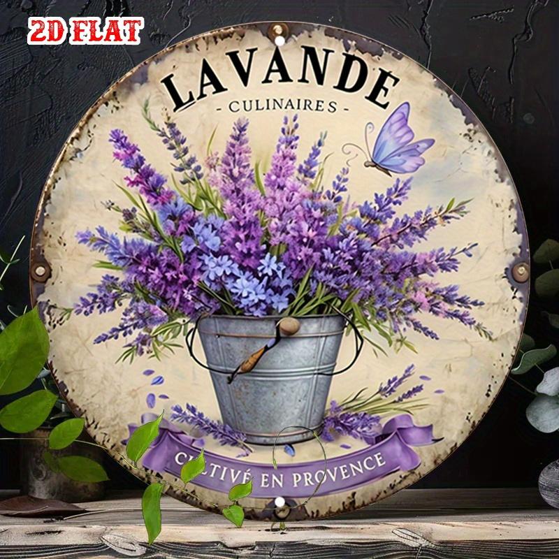 Znak metalowy D Flat Vintage Lavande Culinaire Znak metalowy Retro Design z bukietem lawendy z Prowansji Rustykalny postarzany cynowy szyld Francuski
