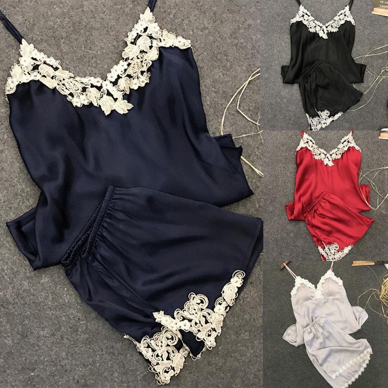 Elegant And Alluring Satin Lace Sleepwear Babydoll Lingerie Nightdress Pajamas Set For Women