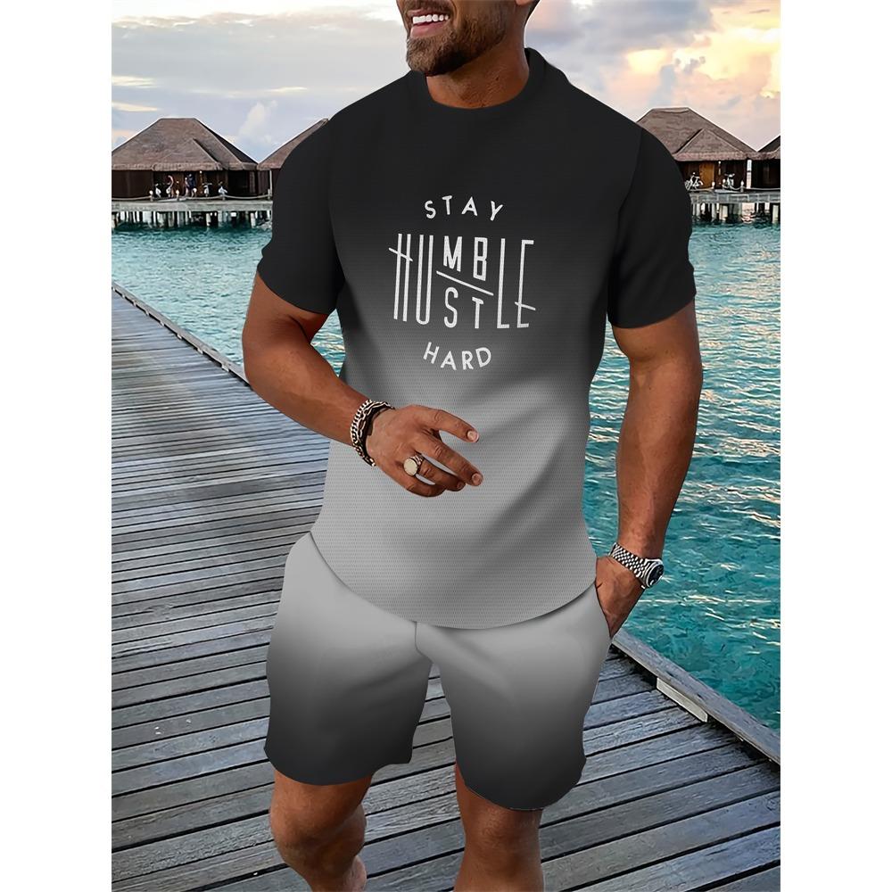 Men's Breathable Athletic Set Summer 3D Letter Print T-Shirt And Shorts Set Adult Lightweight Fitness Wear Casual Sportswear Set