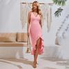 Women Summer Casual V-Neck Sleeveless Dress Solid Color A-Line High Waist Ruffle Hem Irregular Long Dresses Spring Fashion S-XL