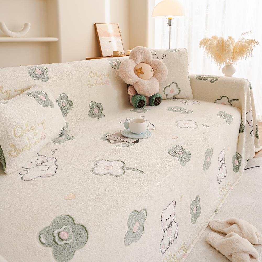 Fleece Sofa Cover Towel Winter Thickened Fleece Sofa Cushion Cartoon Style Leather Sofa Cover