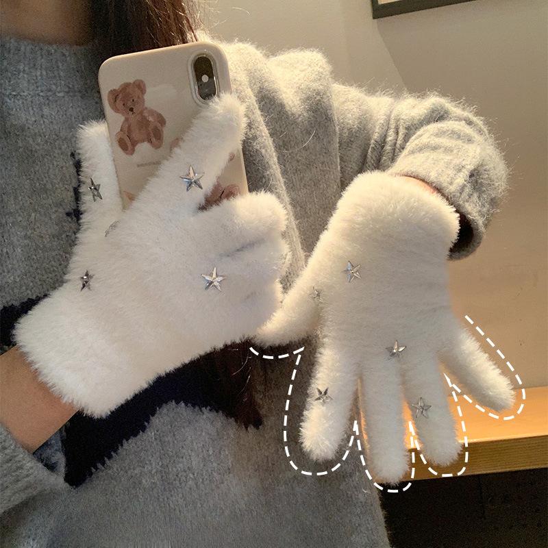 

Милые плюшевые перчатки со звездами для женщин на зиму, милые девичьи, непродуваемые и теплые, шерстяные перчатки с пятью пальцами для студентов, для верховой езды, белые перчатки one size