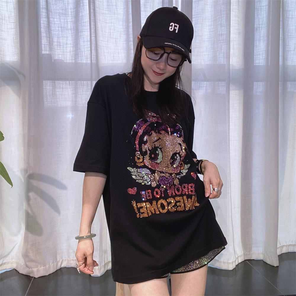 Plus Size Cartoon Girl Pattern Diamonds Short Sleeve Tees for Women Summer Clothing Thin Casual Loose O Neck T Shirt Knitwear