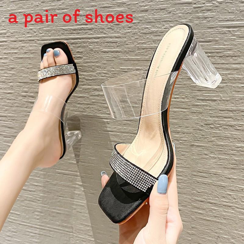 Water Crystal Flat Sandals For Women Summer Transparent Square Toe Slipon Stylish Footwear