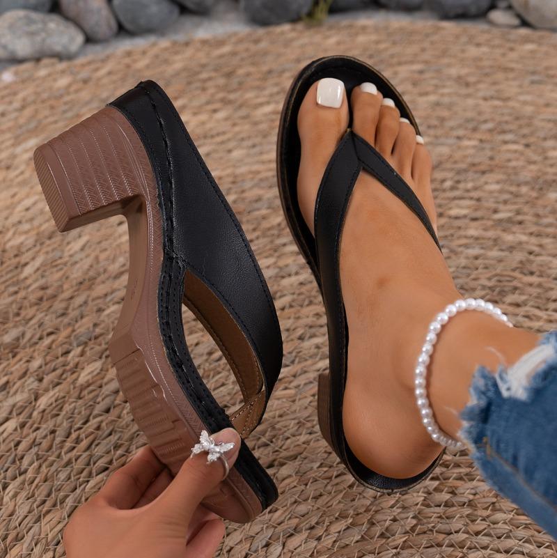 Fashion Summer Women Sandals Solid Color Mid Heel High Heels Shoes Women Lightweight Open Toe Flip Flops Sandals Sandalias De Mujer