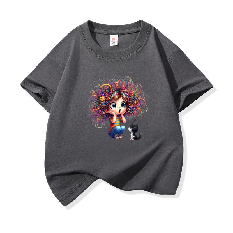 Kids Cotton T Shirt Surprised Colorful Hair Girl And Black Cat Print Crew Neck Short Sleeve Tee Casual Boys Girls Summer Tops