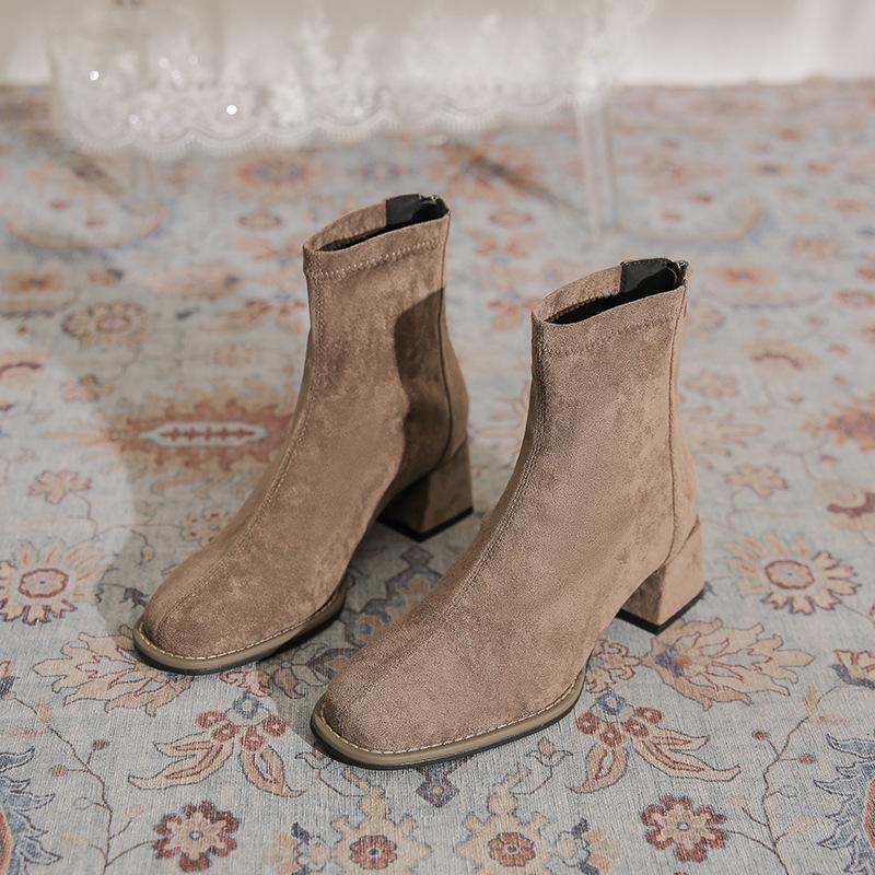 French suede thick heel short boots women's 2025 new rear zipper square head thin boots daily wear high heel women's boots