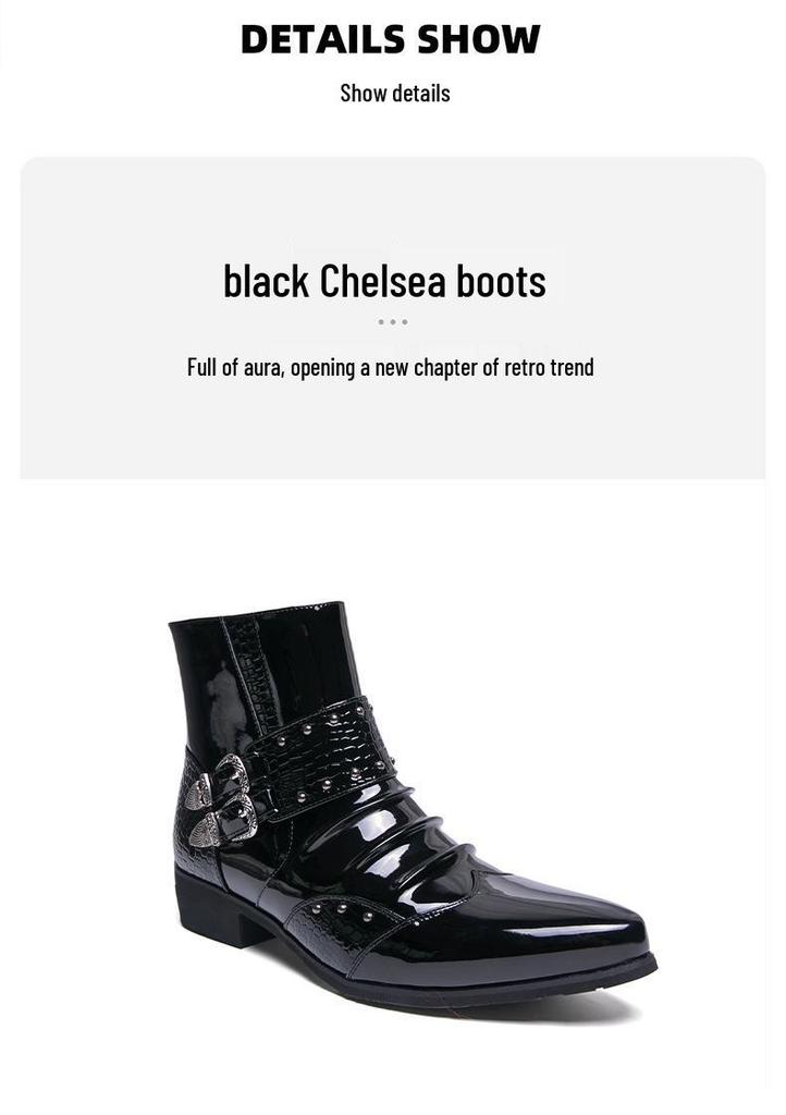 Men's Autumn Shiny Pointed Toe High-Top Chelsea Leather Boots - British Style, Formal or Casual.