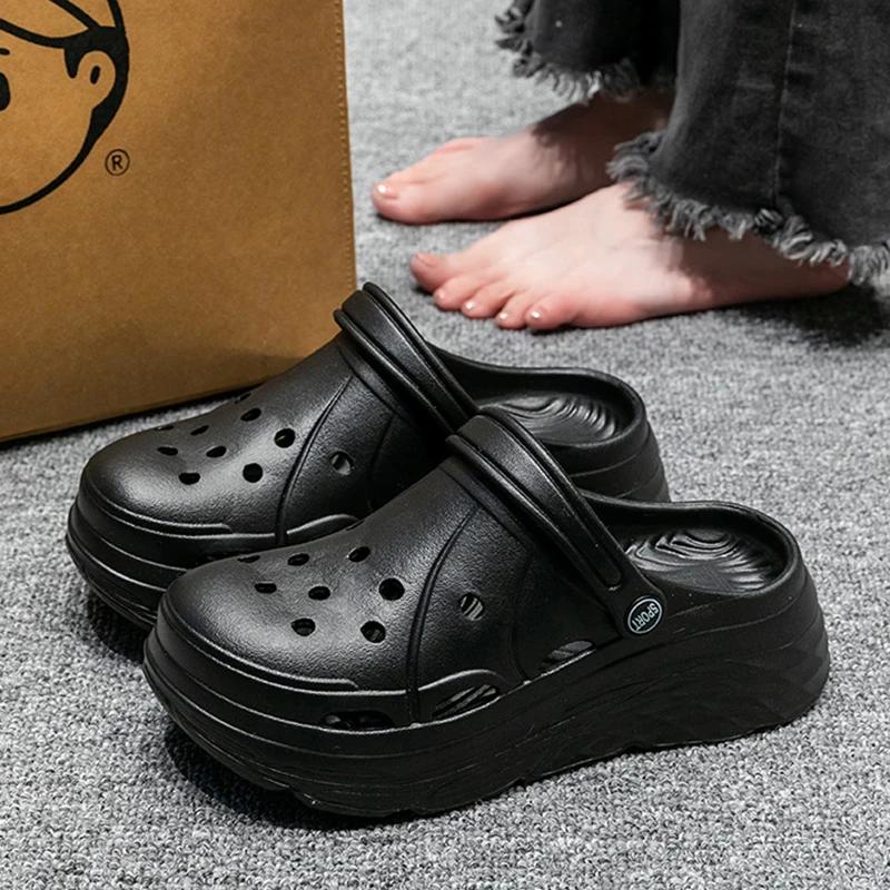 

Модные сандалии на платформе для женщин, толстые нескользящие пляжные сандалии, женские, лето 2025, легкие сабо на танкетке из ЭВА, садовая обувь 40-41 чёрный