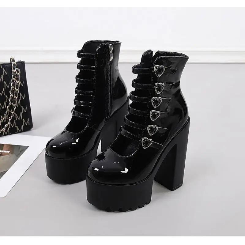 

Літні туфлі на високих підборах 2025 року Жіночі водонепроникні туфлі на платформі та пряжці з лакованої шкіри, білі, чорні, на товстому каблуці, жіночі подіумні вечірні чоботи 34 чорний