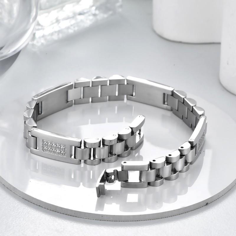 Stainless Steel Geometric Link Bracelet With Crystal Inlay Men Women Fashion OL Style Adjustable Chain Jewelry