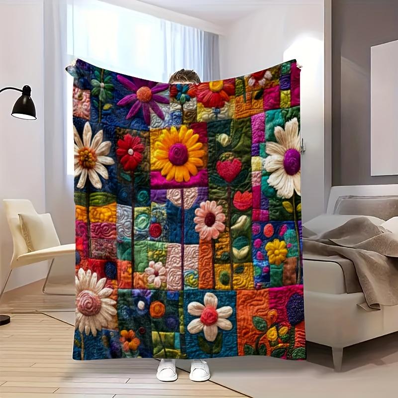 Coperta Trapuntata Floreale Bohemien - Stampa Floreale Disegnata a Mano, Morbido Flanella di Poliestere per Divano/Letto/Viaggio, Regalo per la Famiglia per Tutte le Stagioni